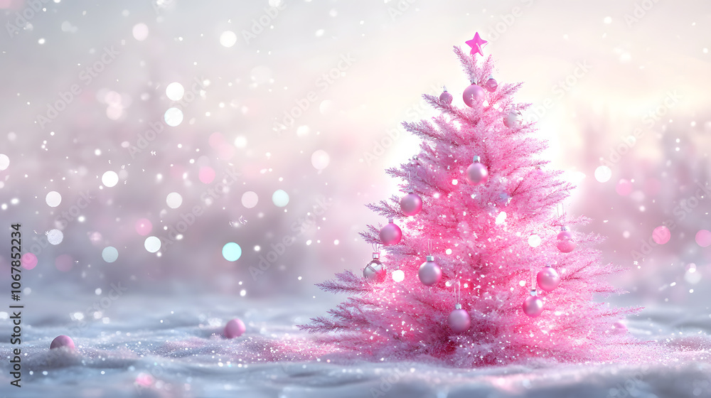 A sparkling pink Christmas tree stands proudly in a snowy winter wonderland. A sparkling pink Christmas tree stands proudly in a snowy winter wonderland.