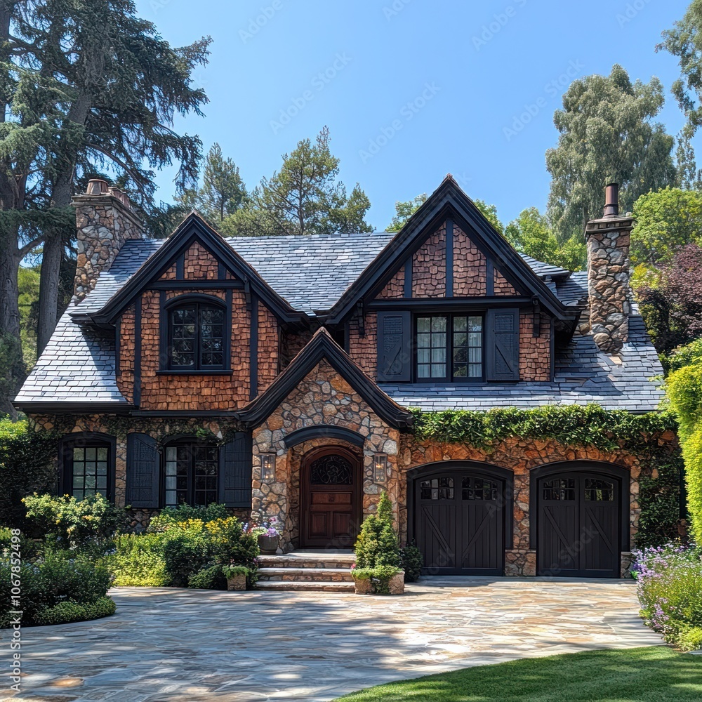 A charming stone and wood house with a two-car garage, a lush green lawn, and a stone driveway. A charming stone and wood house with a two-car garage, a lush green lawn, and a stone driveway.