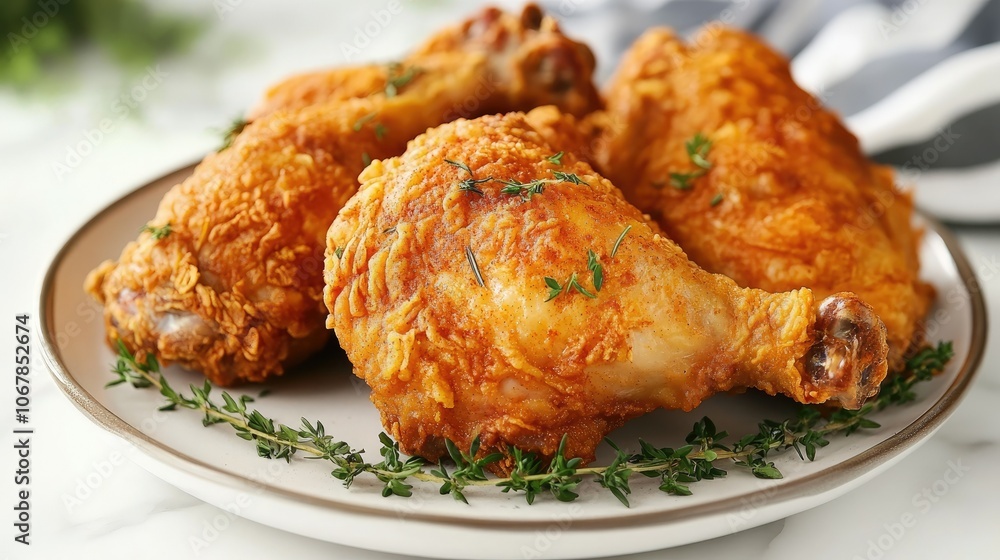 Delicious air-fried chicken, golden and juicy, seasoned with a mix of fermented spices, turmeric, and fresh herbs on a platter Delicious air-fried chicken, golden and juicy, seasoned with a mix of fermented spices, turmeric, and fresh herbs on a platter