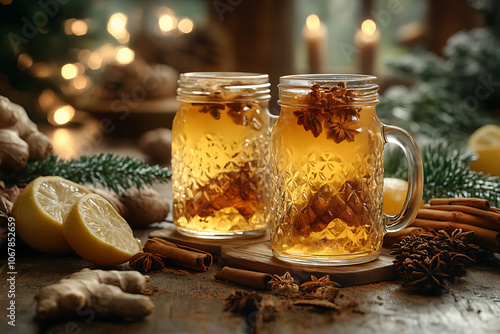 Warm honey sbiten and ginger lemonade in glass mugs with winter spices like cinnamon and cloves, creating a cozy, rustic atmosphere with steam rising.
 photo