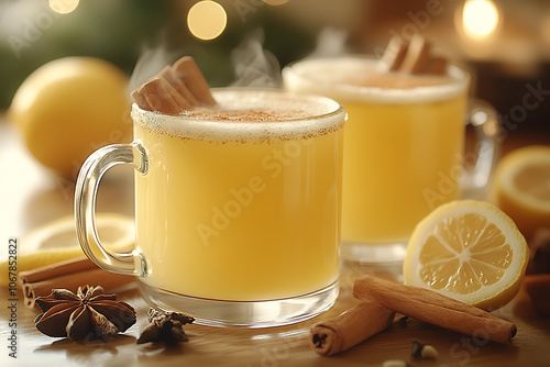 Warm honey sbiten and ginger lemonade in glass mugs with winter spices like cinnamon and cloves, creating a cozy, rustic atmosphere with steam rising.
 photo