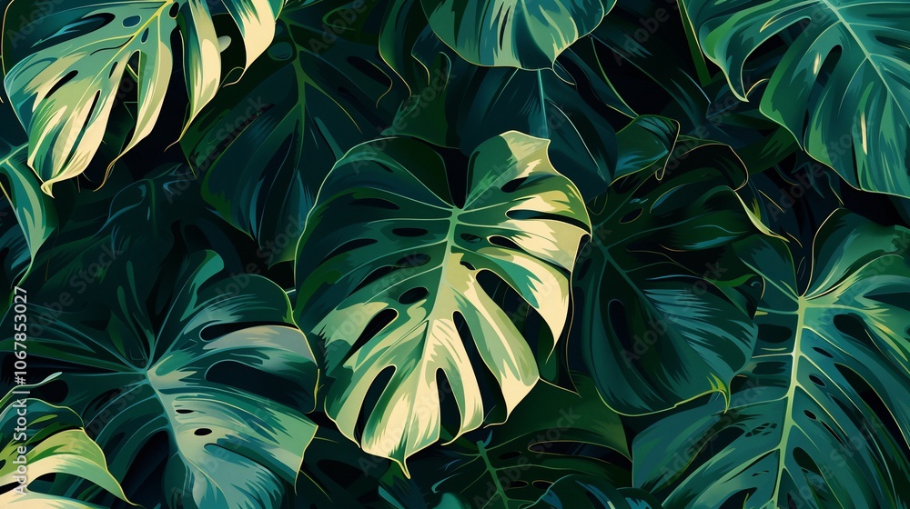 A close-up of lush, tropical foliage with large, green monstera leaves, creating a vibrant and textured background. A close-up of lush, tropical foliage with large, green monstera leaves, creating a vibrant and textured background.