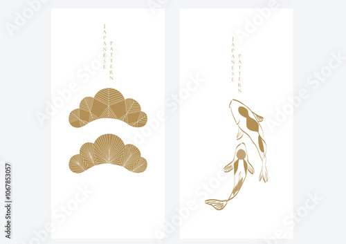 Japanese background with line koi fish and bonsai tree pattern vector. Abstract template with geometric pattern. 