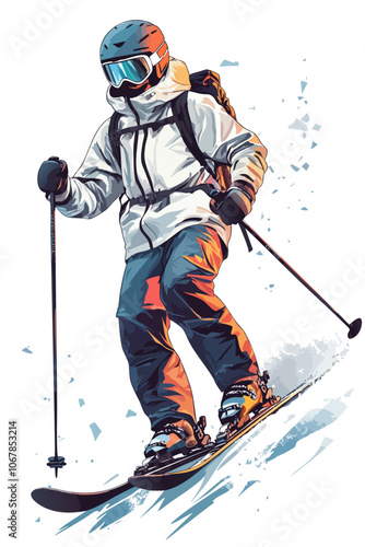 Illustration of a skier in white and dark gear skiing downhill with poles.