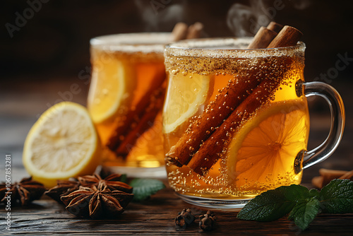 Warm honey sbiten and ginger lemonade in glass mugs with winter spices like cinnamon and cloves, creating a cozy, rustic atmosphere with steam rising.
 photo