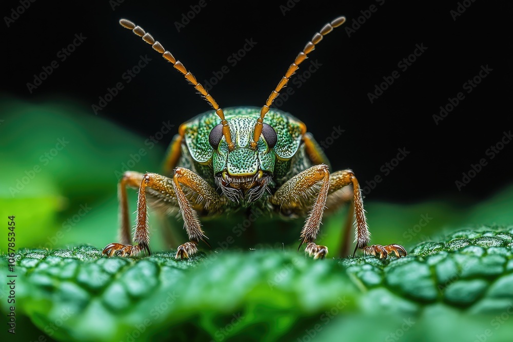 A green beetle with long antennae sits on a leaf. This close-up photo captures the beetle's intricate details, perfect for illustrating nature's beauty and the diversity of insect life. A green beetle with long antennae sits on a leaf. This close-up photo captures the beetle's intricate details, perfect for illustrating nature's beauty and the diversity of insect life.