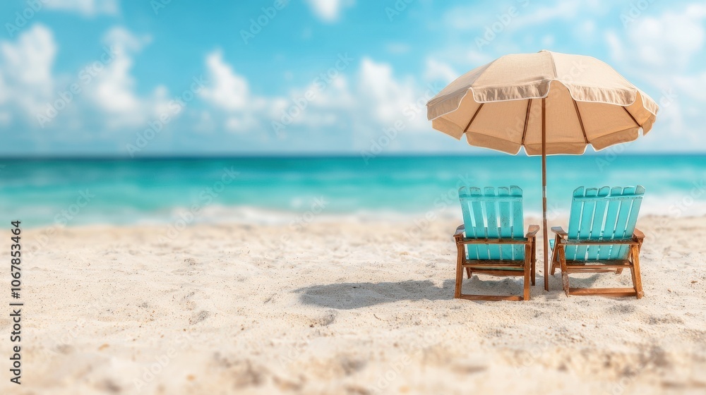 Beach Chairs Under Umbrella with Ocean and Blue Sky Background Beach Chairs Under Umbrella with Ocean and Blue Sky Background