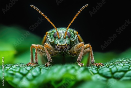 A green beetle with long antennae sits on a leaf. This close-up photo captures the beetle's intricate details, perfect for illustrating nature's beauty and the diversity of insect life.