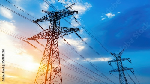 Electric cables and poles captured from below, silhouetted against a deep blue sky with soft, wispy clouds