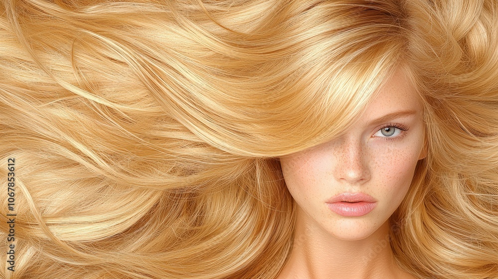 Naklejka premium Beautiful Blonde Woman with Wavy Long Hair Hair Salon Beauty Model