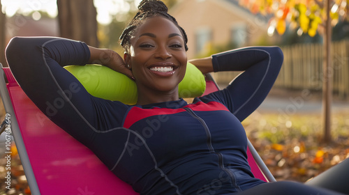 Sporty Woman Relaxing on Lounge Chair in Autumn Setting photo