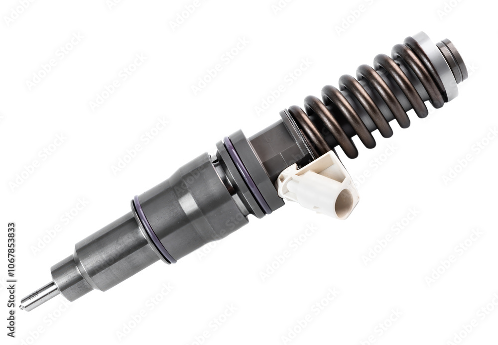 New fuel injector on white background close up New fuel injector on white background close up