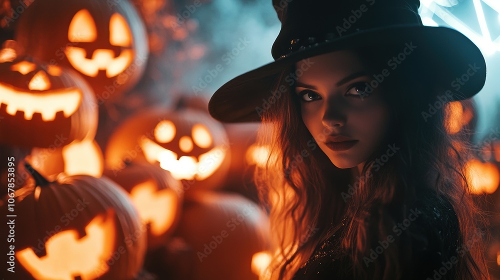 Beautiful witch with pumpkin. Halloween theme. Beautiful witch with pumpkin. Halloween theme.