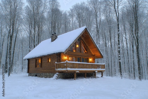 A wooden cabin in a snowy forest. This image is perfect for use in projects about winter, nature, or cozy getaways.