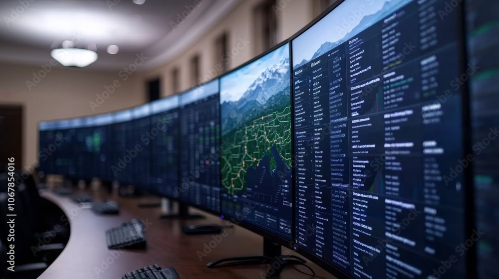 A row of large computer monitors displaying data and a map in a dark room. A row of large computer monitors displaying data and a map in a dark room.