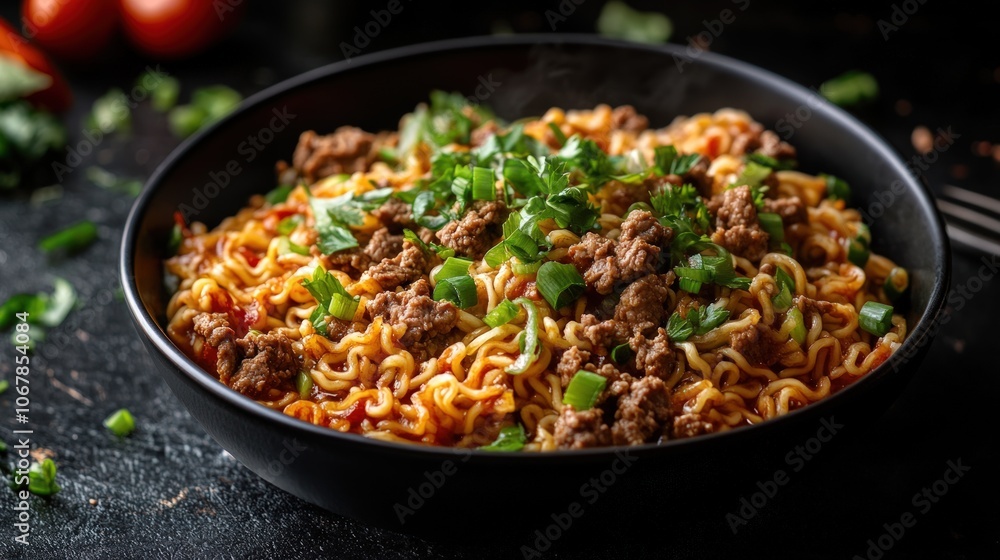 A bowl of steaming noodles topped with ground beef and chopped green onions. A bowl of steaming noodles topped with ground beef and chopped green onions.