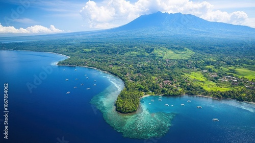 Aerial View of a Tropical Island with a Mountain