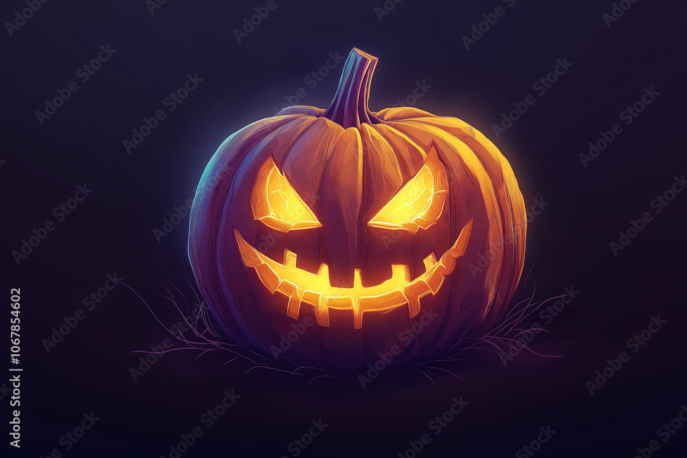 a carved pumpkin with a glowing face, commonly known as a jack-o'-lantern. The pumpkin has triangular eyes, a triangular nose, and a wide, toothy grin. It is set against a dark a carved pumpkin with a glowing face, commonly known as a jack-o'-lantern. The pumpkin has triangular eyes, a triangular nose, and a wide, toothy grin. It is set against a dark
