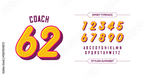 Coach 62: Vibrant orange numbers with a purple outline and crisp white A-Z characters on a sleek black background. A stylish, standout choice for a hip, athletic look. Vector illustration.