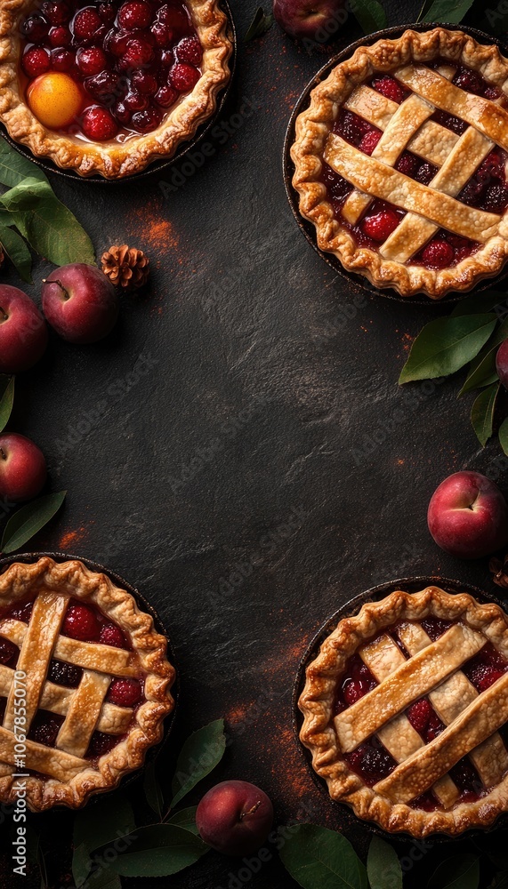 Delicious homemade fruit pies. Perfect for a rustic, fall-themed food blog or recipe website. Delicious homemade fruit pies. Perfect for a rustic, fall-themed food blog or recipe website.
