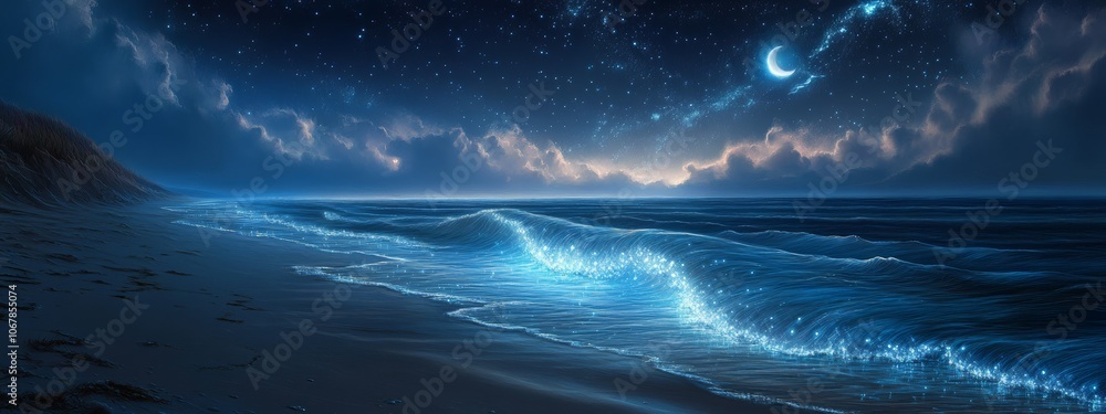 Fototapeta premium Moonlit Beach with Bioluminescent Waves