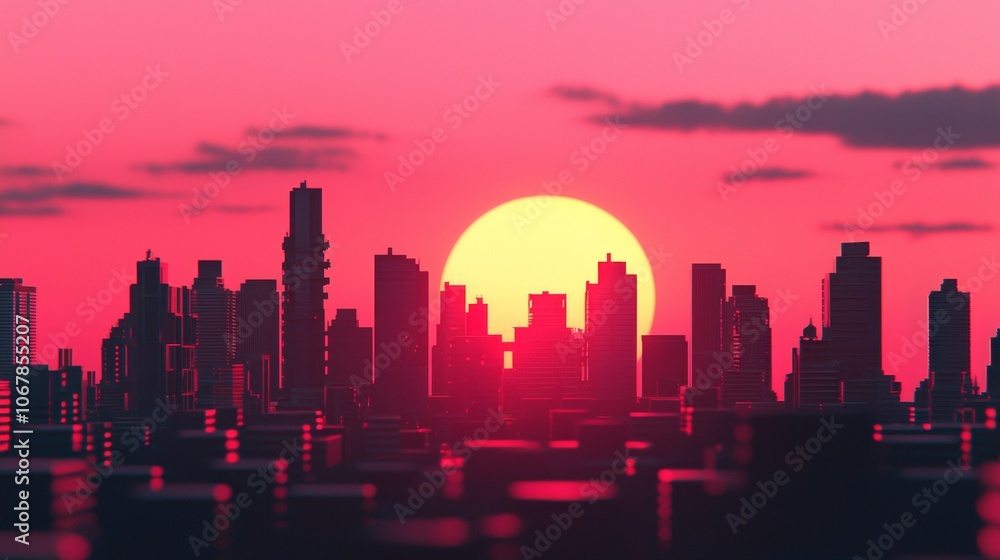 Silhouette of a modern city skyline against a vibrant sunset. Silhouette of a modern city skyline against a vibrant sunset.