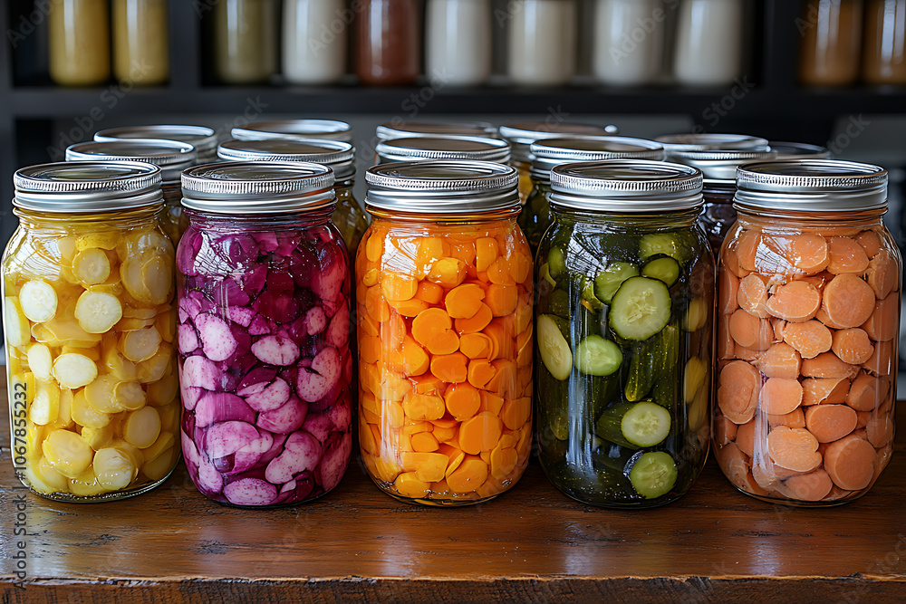Jars of homemade pickles, marinated vegetables, and preserved fruits, beautifully arranged on a rustic table, showcasing traditional winter food preservation techniques.
Jars of homemade pickles, marinated vegetables, and preserved fruits, beautifully arranged on a rustic table, showcasing traditional winter food preservation techniques.