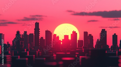 Silhouette of a modern city skyline against a vibrant sunset.