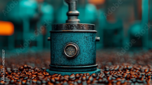 Vintage coffee grinder surrounded by coffee beans.