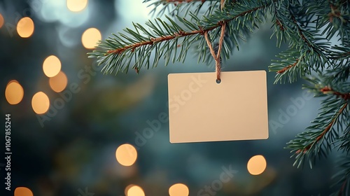 Fir tree branch with a wooden note, with blurred lights in the background, space for text.