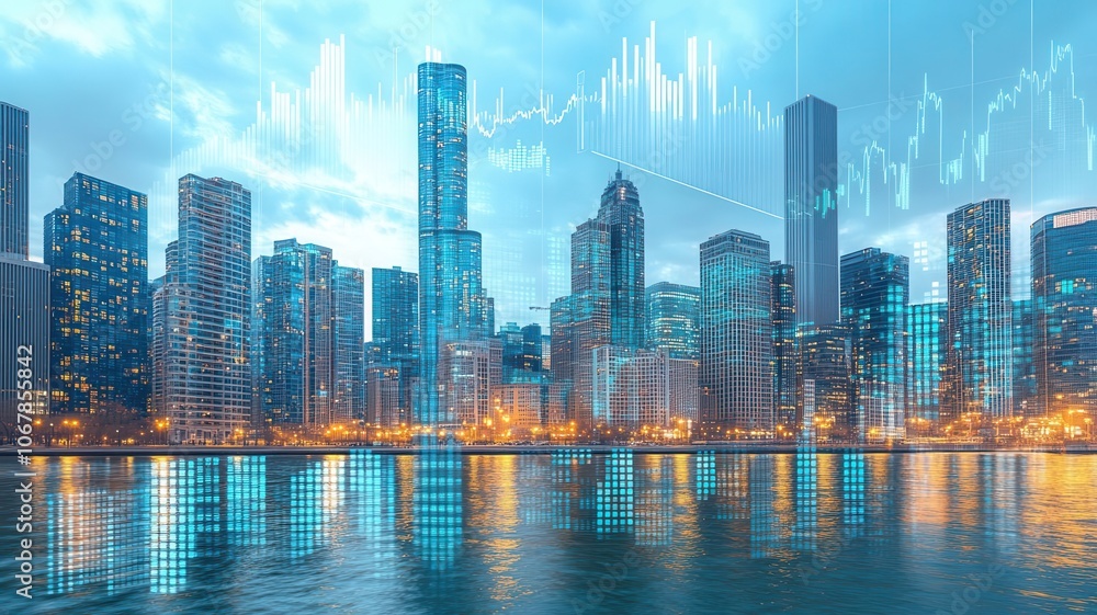 City skyline overlaid with financial data, return on investment aligned with capital costs City skyline overlaid with financial data, return on investment aligned with capital costs