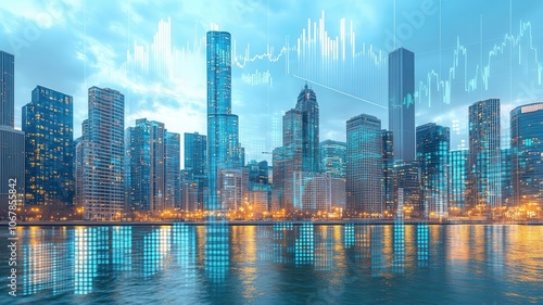 City skyline overlaid with financial data, return on investment aligned with capital costs