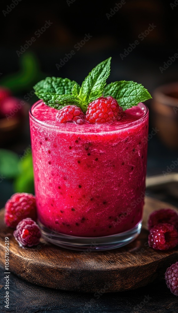 A raspberry smoothie with mint garnish. Perfect for a healthy and refreshing drink. A raspberry smoothie with mint garnish. Perfect for a healthy and refreshing drink.
