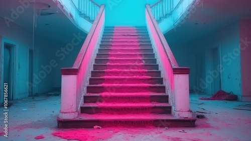 Abandoned Mansion Staircase with Pink Dust and Blue Lighting