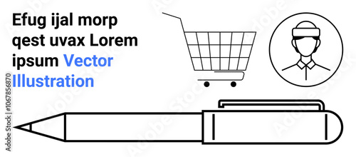 Large pen at bottom, shopping cart in center, person icon in upper right, placeholder text in upper left. Black and blue colors. Ideal for business, e-commerce, education, web design, advertisements