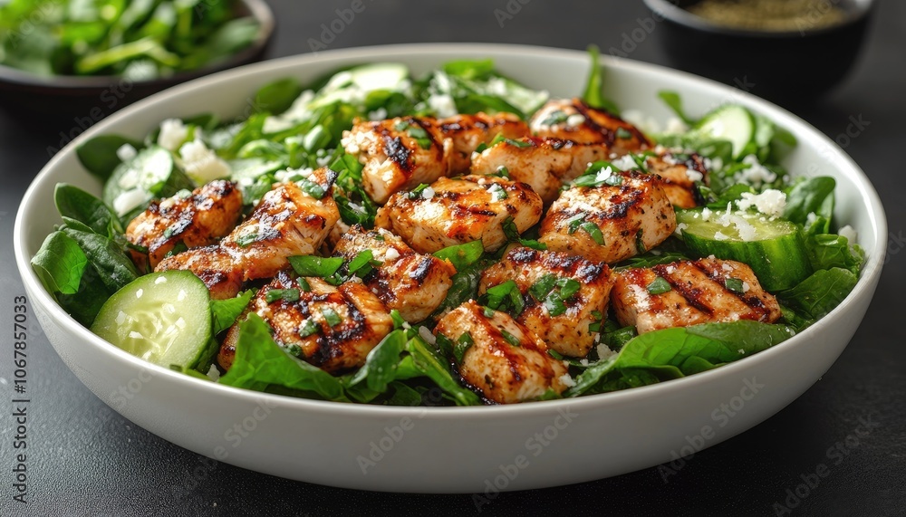 Grilled chicken salad with fresh greens. A delicious and healthy meal option for lunch or dinner. Grilled chicken salad with fresh greens. A delicious and healthy meal option for lunch or dinner.
