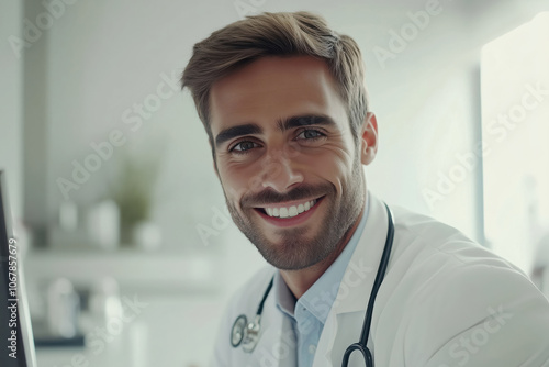 Close up of a man doctor sitting in front of the computer