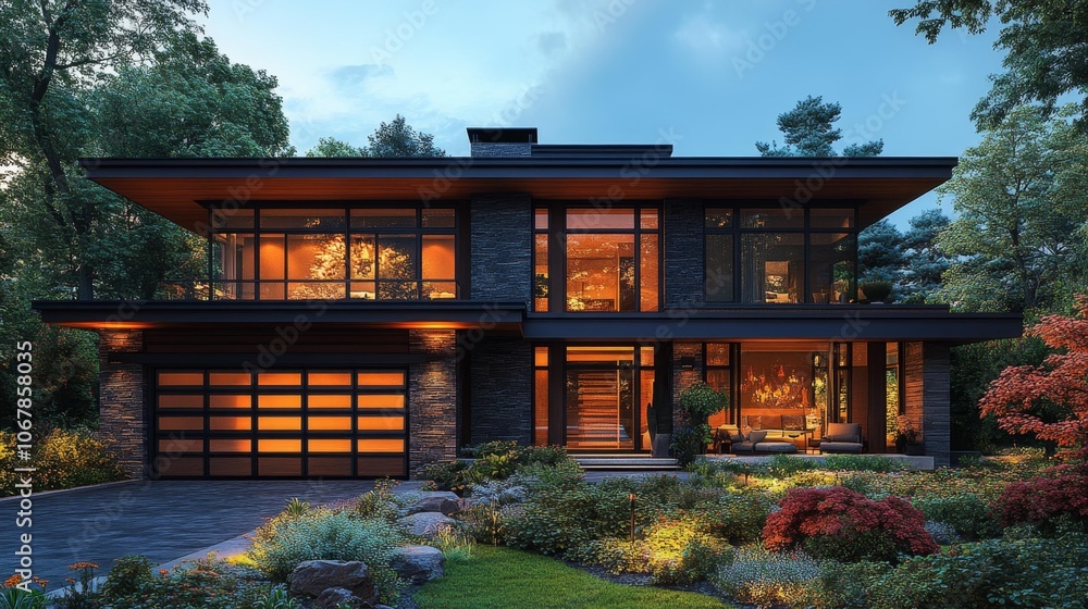 Modern Architectural House with Large Windows and Garden. Generative AI Modern Architectural House with Large Windows and Garden. Generative AI
