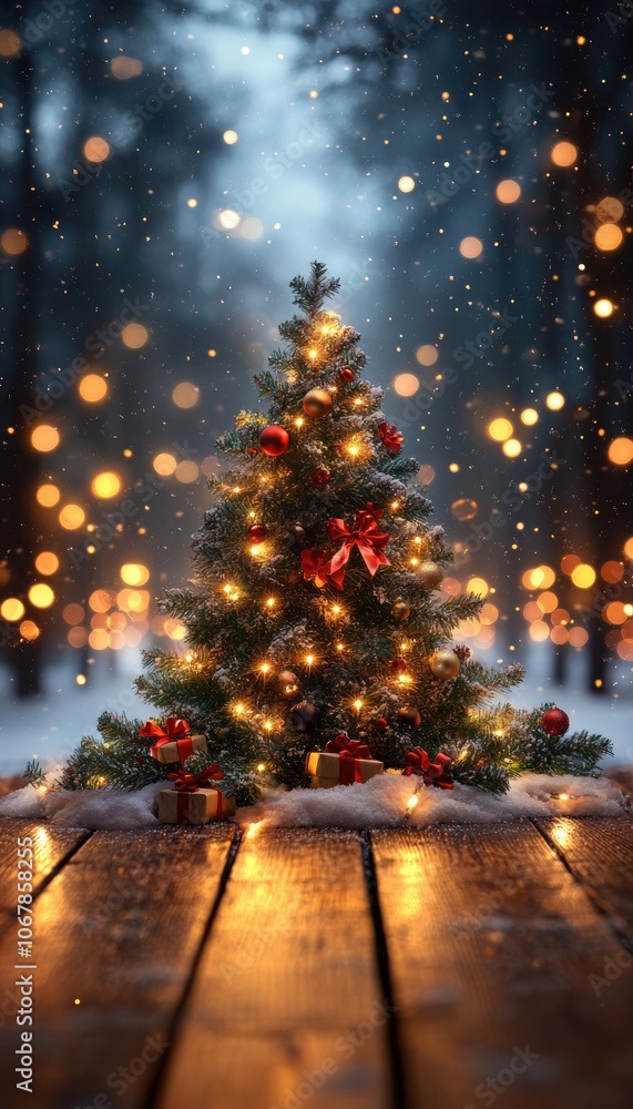 Christmas tree with lights and presents. Ideal for winter holiday themes, product placement, or festive backgrounds. Christmas tree with lights and presents. Ideal for winter holiday themes, product placement, or festive backgrounds.