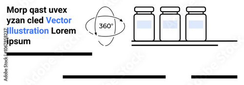 3 medicine bottles, 360-degree rotation symbol on rack. Ideal for medical websites, online pharmacies, virtual product displays, healthcare apps, educational platforms, marketing materials, health