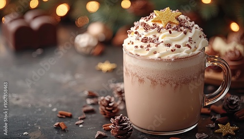 Hot chocolate with whipped cream and chocolate. Perfect for a festive winter drink, this image can be used for holiday and cozy themed designs.