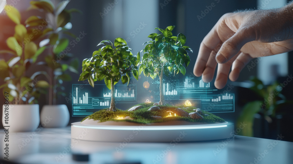 A hand interacts with a small, illuminated model of trees, showcasing a blend of nature and digital technology. A hand interacts with a small, illuminated model of trees, showcasing a blend of nature and digital technology.