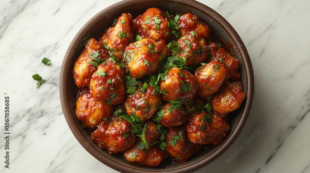 Spicy Chicken Bites in Tomato Glaze with Fresh Herbs. Generative AI Spicy Chicken Bites in Tomato Glaze with Fresh Herbs. Generative AI