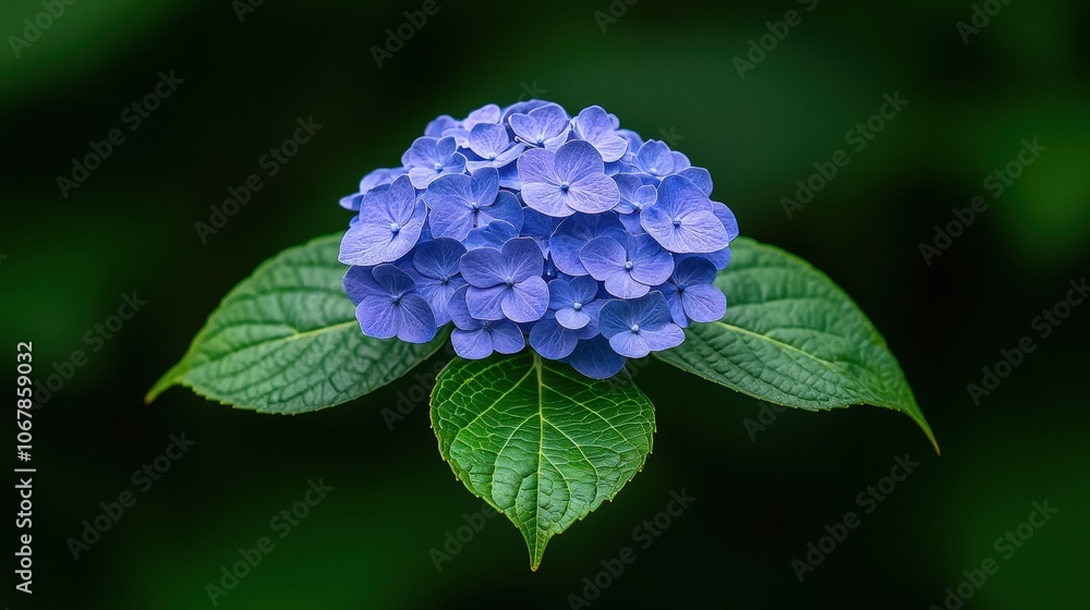 Close up of Delicate Blue Hydrangea Bloom with Green Leaves Close up of Delicate Blue Hydrangea Bloom with Green Leaves