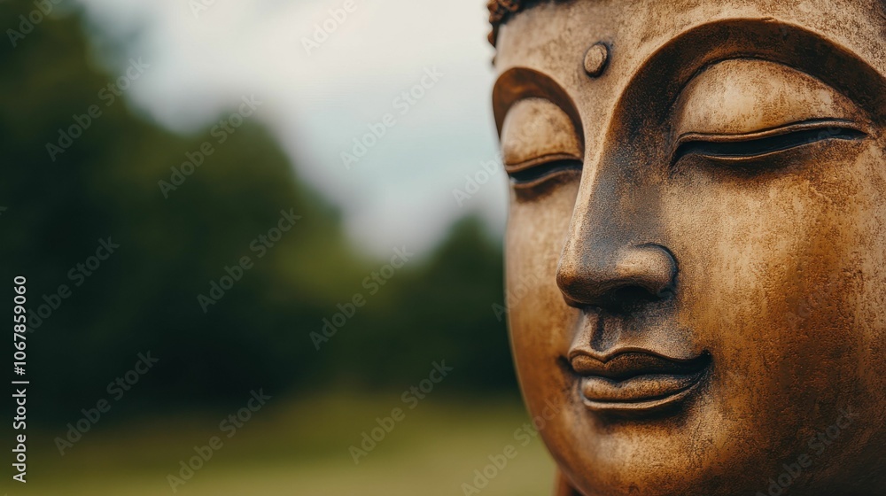 A statue of a Buddha face with a serene expression A statue of a Buddha face with a serene expression