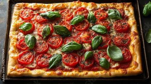 Classic Sicilian Pizza with Fresh Tomatoes and Basil. Generative AI photo