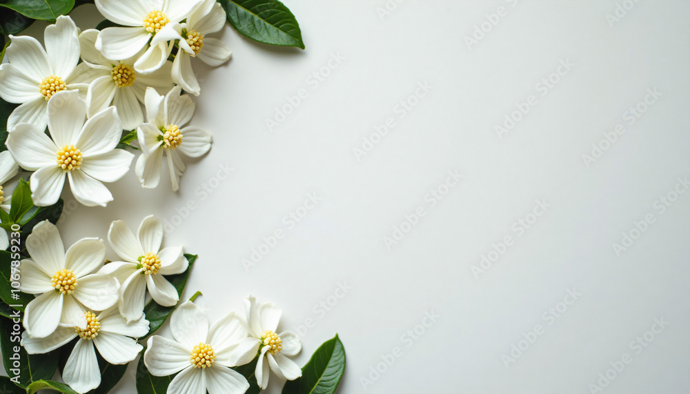 beautiful frame of white flowers on a white background with copy space for text beautiful frame of white flowers on a white background with copy space for text