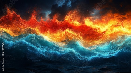 Fire and Water Waves Clash. Generative AI