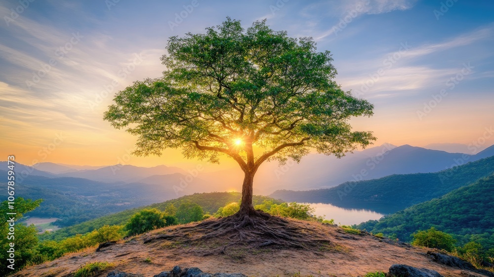 Quiet, isolated tree on a hillside at sunset, under a sky washed with soft colors of dusk and a gentle, calming mood