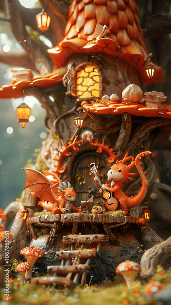 Obraz premium A mythical dragons songs party blending in a vibrant forest landscape.